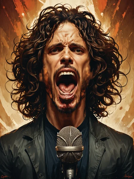 Caricature of portrait of Chris Cornell screaming into a microphone mouth opened, exaggerated, comical, caricature magical realism, intricate, headshot, highly detailed, digital painting, artstation, concept art, sharp focus, cinematic lighting, illustration, art by Artgerm and Greg Rutkowski, Alphonse Mucha, cgsociety <lora:Misty_Vintage:0.5> <lora:xl_more_art-full_v1:0.5> <lora:mouth_opened:1>