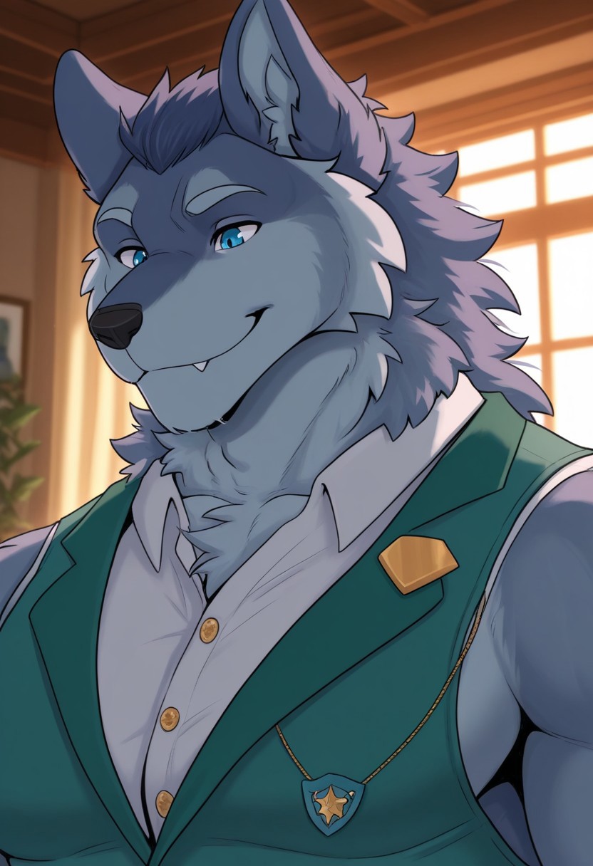 DallanLS, solo, furry, wolf, wolf tail, smile, detailed eyes, perfect eyes, perfect face, blue fur, blue eyes, muscular, bara, large pectorals, manly, mature, dynamic angle, face focus, portrait, white collared shirt, green vest, sleeveless, indoors, unparalleled masterpiece, best quality, amazing quality, very aesthetic, high resolution, 4K, extremely-detailed, depth of field, separate focus, newest, scenery, detailed fur, detailed muscles, semi realistic lighting, <lora:DallanLS:0.9>