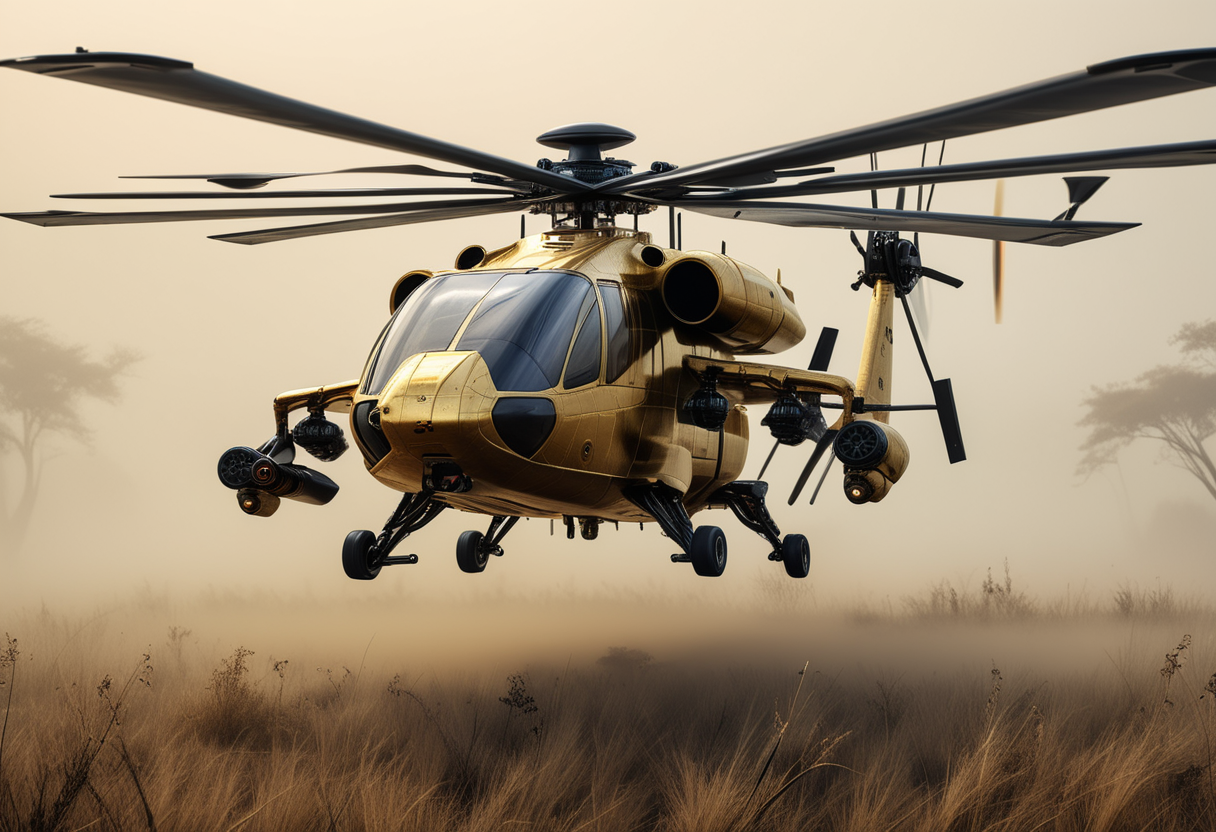 (medium full shot) of (stealthy massive gold helicopter) with carbon-fiber body, turboshaft, advanced shielding, nanobot swarms, set in  in pursuit of poachers in the savannah, the helicopter providing aerial support, amid dense fog, ,Masterpiece,best quality, raw photo, realistic, very aesthetic