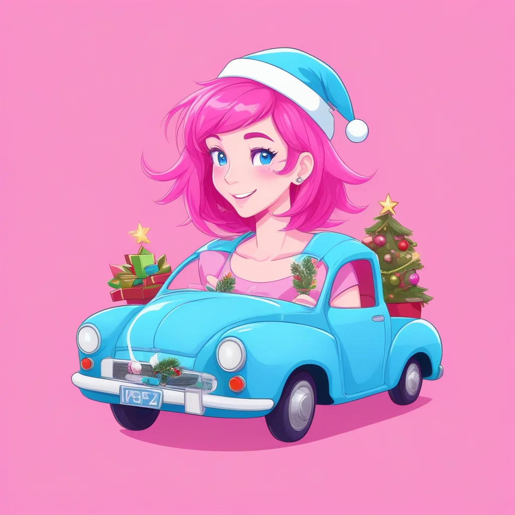 blue background, potted plant, christmas, motor vehicle, pink hair