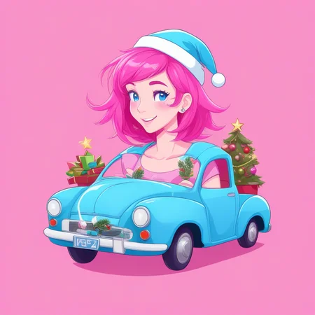 blue background, potted plant, christmas, motor vehicle, pink hair
