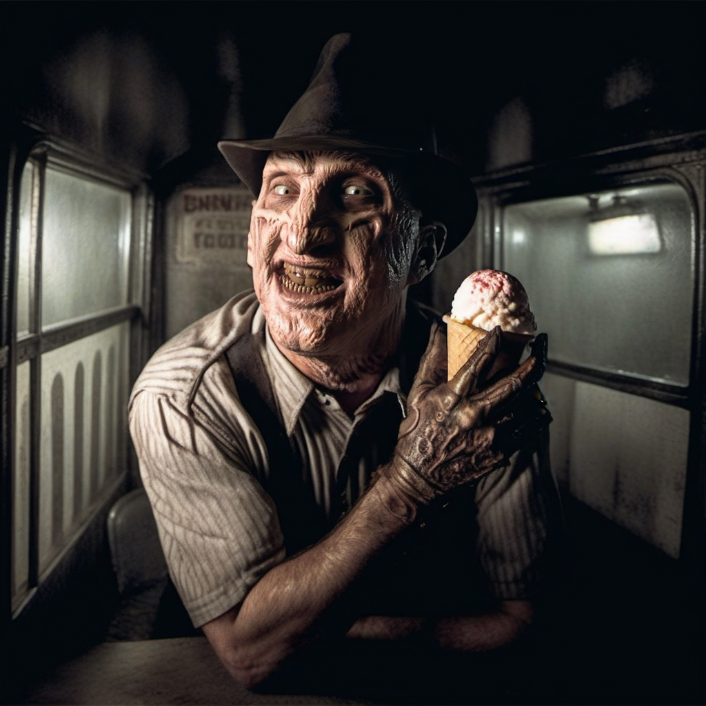 Horror-themed a man with a hat is a icecream-man in an icecreamtruck, smile <lora:FreddyKrueger1024:0.8> . Eerie, unsettling, dark, spooky, suspenseful, grim, highly detailed