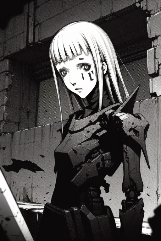 <lora:blame5:1>, 1girl, (cyborg:0.6), (upper body:1.2), battle scene, sword, debris, (best quality, highly detailed face:1.3), decrepit scenery