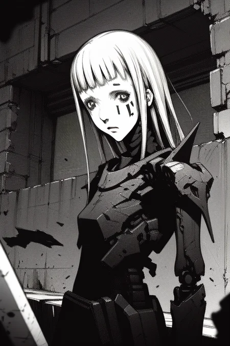 <lora:blame5:1>, 1girl, (cyborg:0.6), (upper body:1.2), battle scene, sword, debris, (best quality, highly detailed face:1.3), decrepit scenery