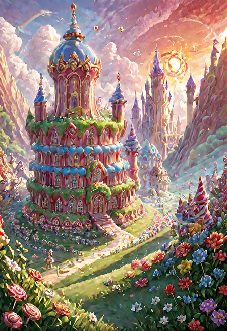 Candy Land,matchcraft floating island,((castle)),ruanyi0956, labyrinth, ((labyrinths)),labyrinth multicolor, grass,flower field,lalangheej, flores rainbow, flowers multicolor, rainbow ,outdoors,sunset,score_9,score_8_up