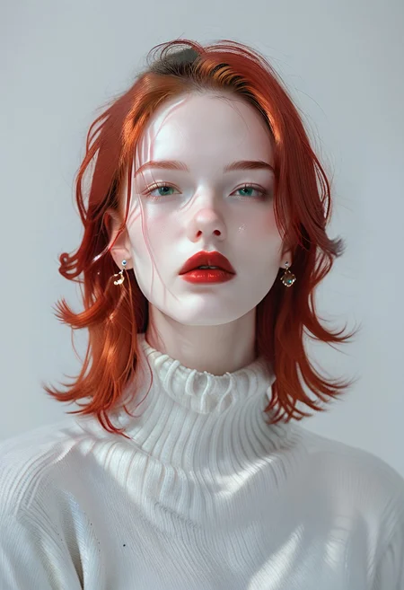 score_9, score_8_up, score_7_up, BREAK, ctdrm, dreamy, 1girl, solo, helencollins, jewelry, sweater, earrings, portrait, parted lips, lips, simple background, red lips, long hair, red hair, green eyes, pale skin, light blush, soft lighting, ethereal mood