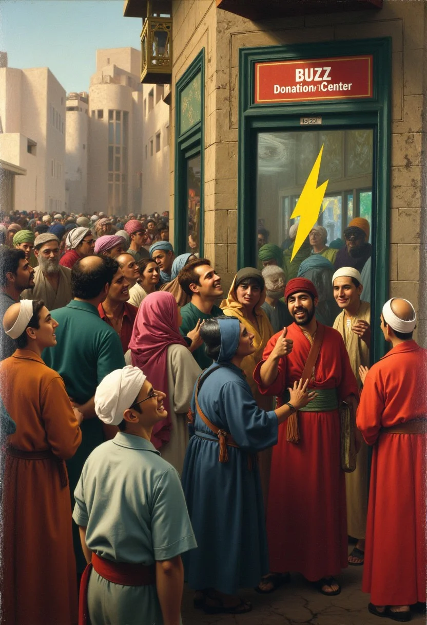 The scene is a crowded street in an Arabian town during the Ottoman Empire, as depicted in a 19th-century Orientalist oil painting by Jean-Leon Gerome. The painting depicts a market street, and the buildings in the background feature traditional Arabic architecture with geometric details around the doorways and windows. The adult men and women in the painting are wearing colorful traditional Arabic clothing. The people are lined up to enter the doorway of a futuristic store, with a yellow lightning bolt symbol in the window below the text “Buzz Donation Center” over the entrance. In the foreground, the various men and women are all making the thumbs-up symbol as they enter the store, with big smiles on their faces.