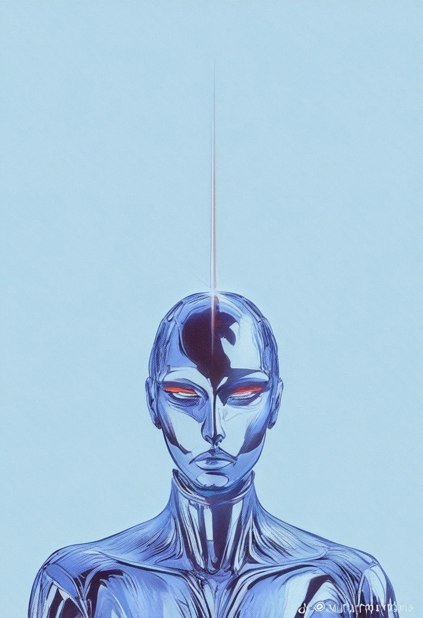A mesmerizing hyper-realistic dreamy_fantasy representation features a faceless woman adorned in a Tibetan robe, lavishly embroidered with vibrant colors that contrast sharply against a simple dark and blue background. Her skin appears metallic, reflecting a chromecore aesthetic that adds depth to her ethereal presence. The scene is captured from a low-angle perspective, making her seem imposing as she looks down at the viewer. 
Her right hand forms a three-point crown sign, symbolizing authority and prestige, while her left hand mimics the gesture, reinforcing the strength of her expressionless demeanor. The intricate details of her robe and the enchanting glow that surrounds her create a dreamlike atmosphere, drawing the viewer into her world. The vibrant colors of her attire shine against the monochrome elements, enhancing the dark vibes of the scene. 
This composition highlights her serious aura, inviting an exploration of themes like power and mystique within a dark fantasy realm. **chromecore**, **simple background**, **dark and blue background**, **vibrant colors**, **colorful**, **metal skin**, **expressionless**, **serious**, **bright**, **dark vibes**, **dark fantasy**, **armor**, **monochrome**, **colored skin**, **gradient**, **hand**, **ctdrm**, **dreamy**, **novuschroma74 style**.