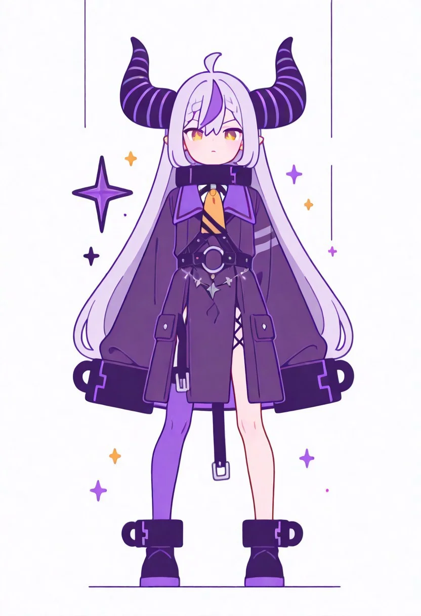 Flatline, Flat vector illustration, looking at viewer, full_body, 
ct_l4plus, flat chest, metal collar, purple coat, yellow ascot, sleeves past fingers, single thighhigh, purple thighhigh
slim, slender, fair skin, clear skin, beauty skin, smooth skin, shiny skin, beautiful legs, long legs, 
shoes, 
from front, front view, straight-on, look at viewer, standing, (legs apart:1.4), 
white background,