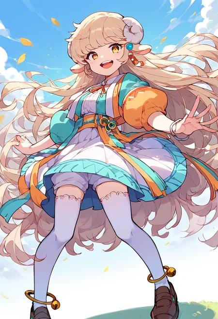 score_9,score_8_up,score_7_up,source_anime,zPDXL3,grasslands,
*//*,<lora:Lara_v1.2-000008:1.0>,1girl,lara,blonde hair,long hair,white horns,yellow eyes,sheep ears,white thighhighs,puffy short sleeves,brown shoes,earrings,anklet,bell,smile,open mouth,
*//*,looking at viewer,cowboy shot,dutch angle,dynamic pose,