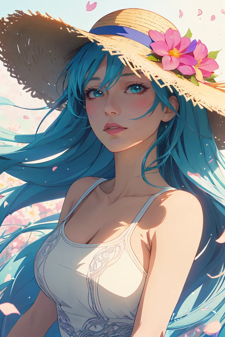 anime illustration, complex background, floating flower petals, serene adult woman, long flowing hair, expressive face, white sundress, straw hat with flowers, detailed hands, soft lighting, intricate design, by Hayao Miyazaki, vibrant colors, glowing light, high detail, fine textures, ethereal atmosphere, high resolution, dynamic composition, accurate proportions, realistic anatomy, detailed textures
<lora:shady:0.5>