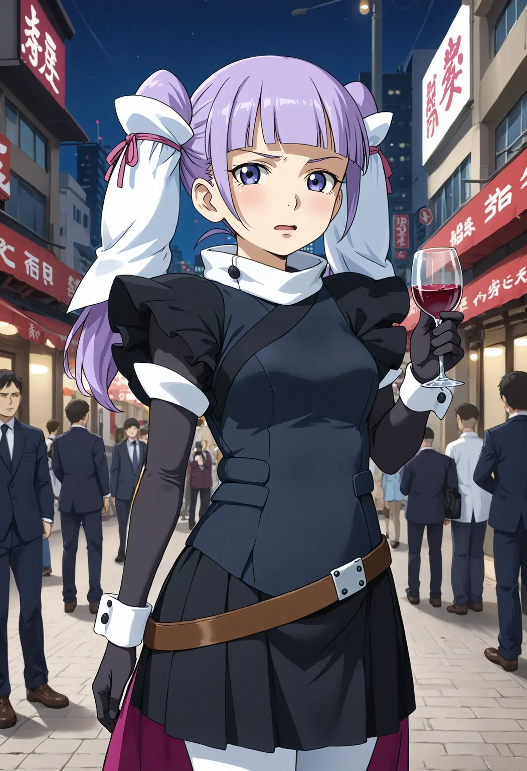 <lora:Hyper-SDXL-8steps-lora:1> <lora:Fixhands_anime_bdsqlsz_V1:1> zPDXL2, score_9, score_8_up, score_7_up, source_anime, intricate details, perfect anatomy BREAK
outdoors, city, tokyo, japan, audience, crowd, upper body,  holding wine glass,  looking at viewer, Disgusted, A wrinkled nose, raised upper lip, and a slightly open mouth., 1girl, solo, solo focus, 
<lora:GAGE-fram_nara_XL(pony)v10:1> GAGE-fram, purple hair, twintails, hair ornament, purple eyes, GAGE-fram outfit, black dress, white wrist cuffs, black gloves, black skirt, white pantyhose, black legwear, white shoes,