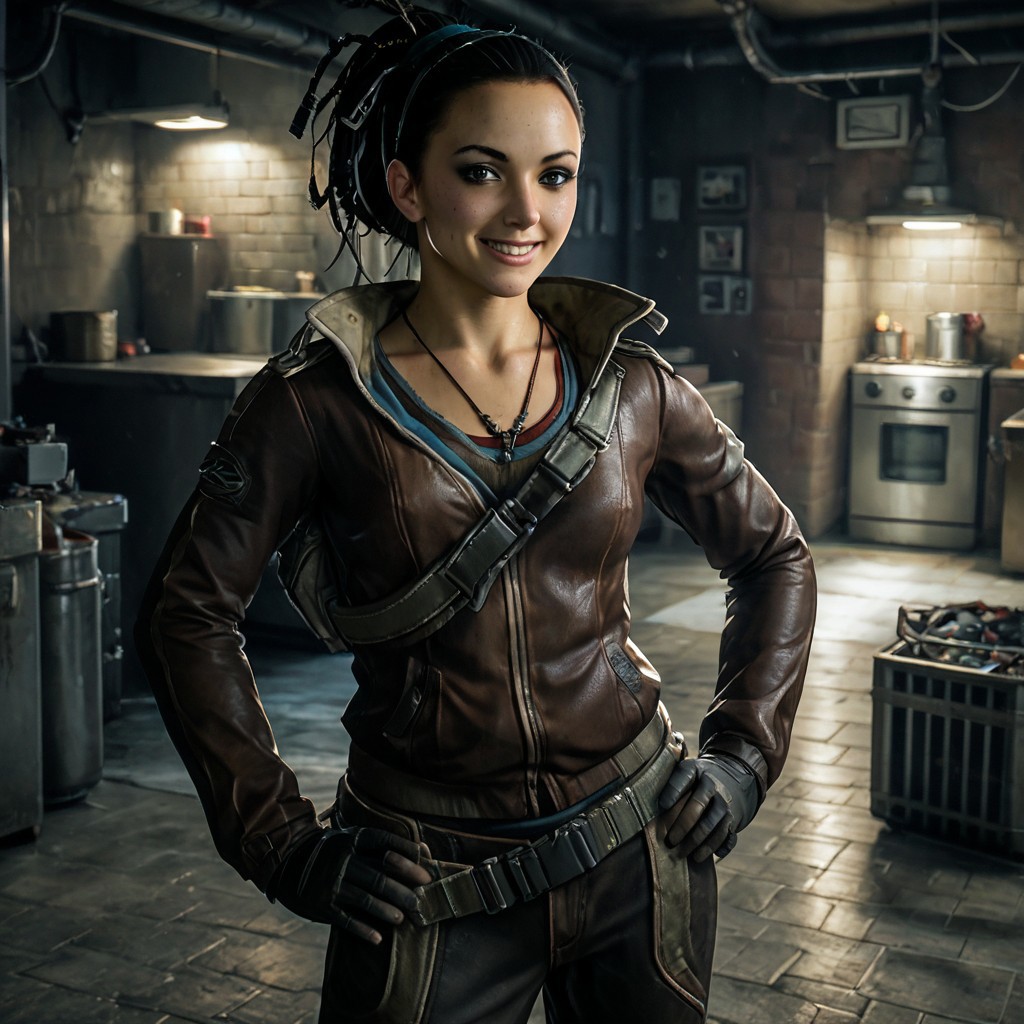 masterpiece, best quality, jade_dl, black hair, ponytail, jacket, belt, pants hands on hips, looking at viewer, smile,
