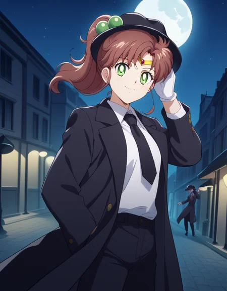 score_9, score_8_up, score_7_up, source_anime, <lora:makoto-kino-eternal-movie1-ponyxl-lora-nochekaiser_r1:1>, makoto kino, brown hair, circlet, green eyes, hair bobbles, hair ornament, medium hair, ponytail, sidelocks, parted bangs,, <lora:fedora-ponyxl-lora-nochekaiser:1>, fedora, hat, mob hat, black hat,, outdoors, night, moon, street, bolo tie, trench coat, hand on headwear, collar, gloves, necktie, pants, suit, looking at viewer, smile, blush, black coat, white vest,, solo, dutch angle, cowboy shot,