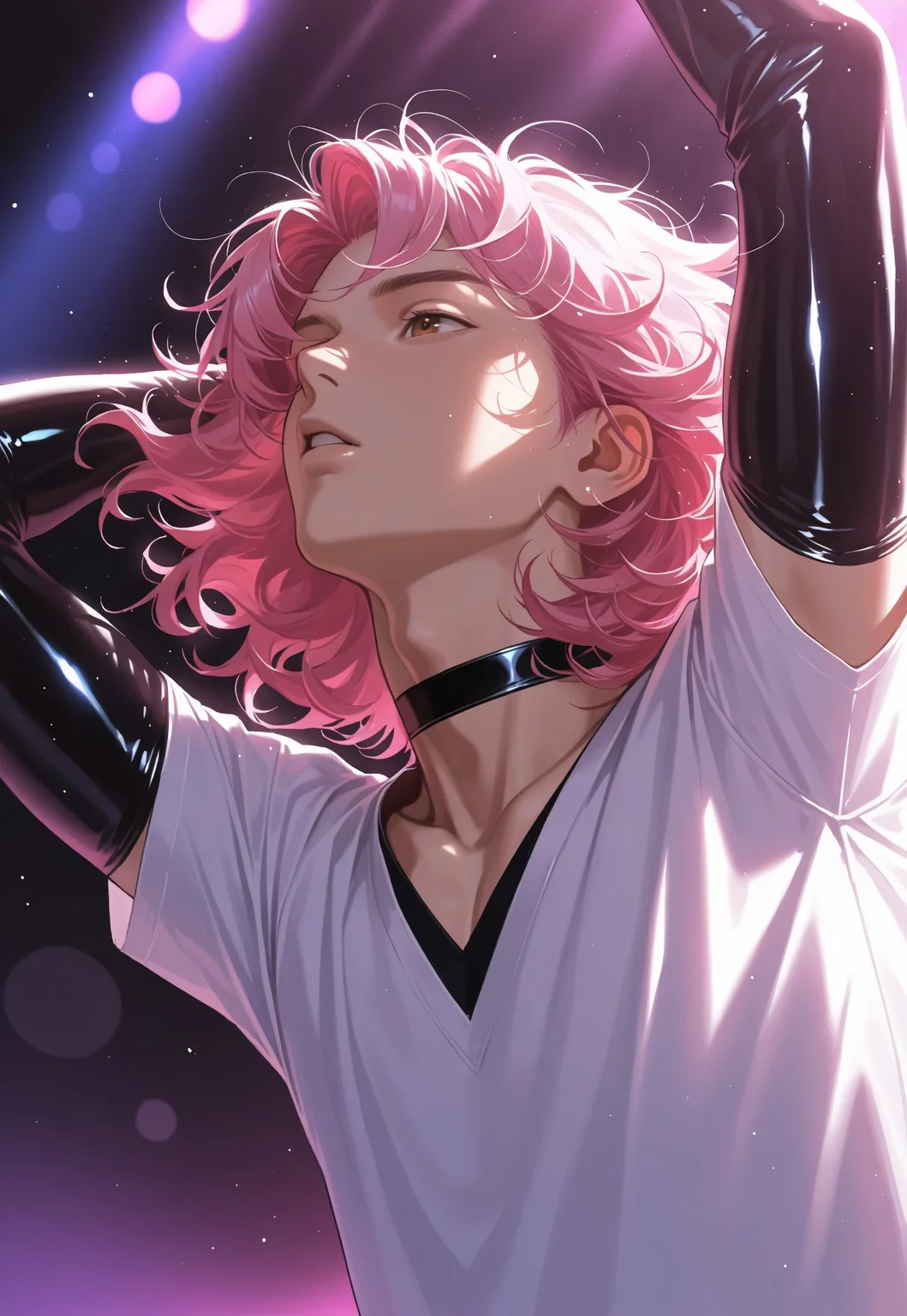 masterpiece, high quality, best quality, very aesthetic, absurdres, extremely detailed, realistic, volumetric lighting, (male focus, gay, male only), dynamic pose, dynamic angle,, 1boy, portrait, brown eyes, shallow depth of field, bokeh, pink hair, medium hair, pink vignette, dutch angle, tight shirt, v-neck, medium hair, curly hair, neckerchief, toned male, blowing hair, boy band idol, choker, forearm latex sleeves