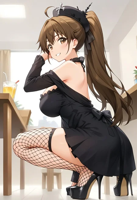score_9, score_8_up, score_7_up, score_6_up, score_5_up, score_4_up, epic-Ultra-HD-details, epic-Ultra-HD-highlights, 2.5D-upscaled-resolution, source_anime, digital-quality, semi-realism, physically-realistic, lit, cutesie,
afrobullstyle,
BREAK source_anime, anime, best quality, masterpiece, rating_safe, uncensored, High quality, 8k, Ultra,
BREAK (Restaurant, indoors),
BREAK 1girl, taneshima popura,ponytail,brown hair,ahoge,thick thighs,
A black gothic dress with black flower-like hat, fishnets, black platform high heels, cross necklace.
BREAK ((cowboy shot)),(squatting),(from below),(((from side))),
busty breasts,(large breasts:1.2),
looking at viewer,hand in own hair,Blush, smile,,