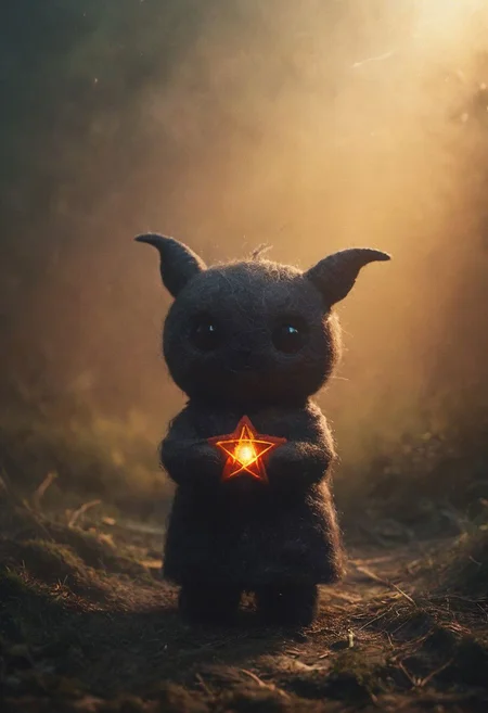 Blade Runner Style, darkness, Craft a heartwarming description for this adorable photo: Picture a small, simple, cuddly felt devil holding a felt pentagram in its tiny hands, gazing directly into the camera with a joyful smile. The scene is so sweet that it melts even the toughest hearts. Describe the loving atmosphere created by the combination of felt, smiles, and hearts.