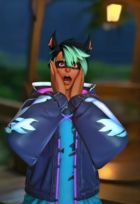 masterpiece, best quality, KrhisT1A, 1boy, animal ears, green hair, open mouth, multicolored hair, blurry background, male focus, depth of field, dark skin, black hair, solo, looking at viewer, dark-skinned male, hands on own face, outdoors, short hair, long sleeves, teeth, jacket, red eyes, piercing, red eyes, facepaint, perked ears, overreacting, surprised, wide eyes, meme