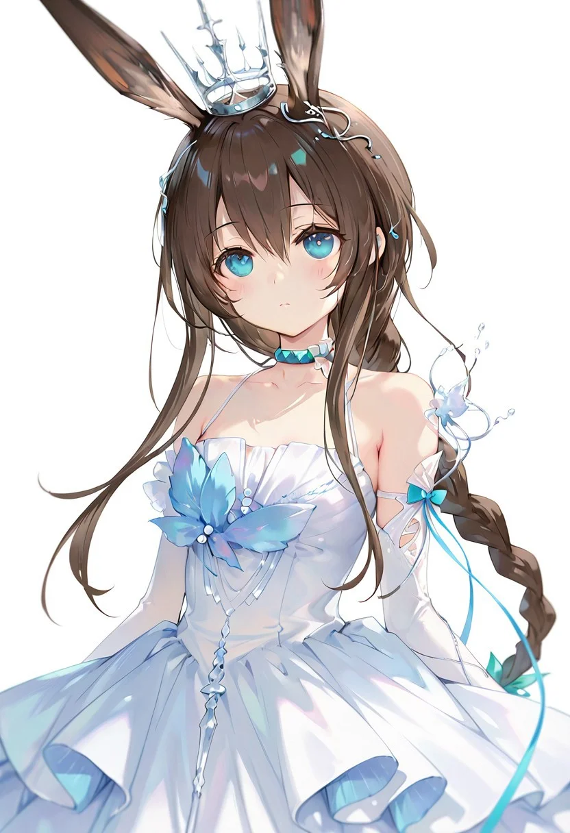 artist:Tsunako,(artist:miyase mahiro:0.55),(artist:ke-ta:0.8),masterpiece,best quality,amazing quality,1girl,  amiya(arknights),arknights,amiya,yinlvlianjue,rabbit ears,brown hair,blue eyes,long hair,single braid,strped dress,ribbons,elbow gloves,crown,shoulder,choker,white background,simple background,upper body,