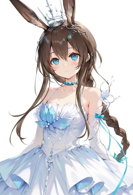 artist:Tsunako,(artist:miyase mahiro:0.55),(artist:ke-ta:0.8),masterpiece,best quality,amazing quality,1girl, amiya(arknights),arknights,amiya,yinlvlianjue,rabbit ears,brown hair,blue eyes,long hair,single braid,strped dress,ribbons,elbow gloves,crown,shoulder,choker,white background,simple background,upper body,