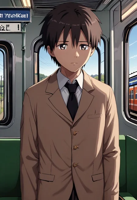 high resolution, solo, best quality, 1Boy, Takaki Toono, Brownish Hair, Brown Eyes, train, inside train, OverallDetail