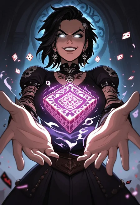 mysterious female gambler, punk mystic vibe, glowing eyes, smirking confidently, throwing glowing dice toward the viewer, enchanted playing cards, extreme foreshortening, dynamic action pose, angle from below, worm's-eye view, cinematic fantasy scene, dice in foreground appearing massive, sleek dark clothing with arcane glowing patterns, waist-up view, hand reaching toward the camera, glowing tattoos, energetic motion, dark magical saloon or ancient temple setting, mystical lighting, high detail, dramatic depth of field, visual intensity, bold composition, dark fantasy style, ultra sharp focus on eyes and dice,