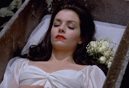 cinematic close-up face of a 20 y.o. dead woman lying in a coffin, sheer white dress, long dark hair, (m4rk5 and blood on neck:1.2), candles, white flowers <lora:h4mm3r:0.8>