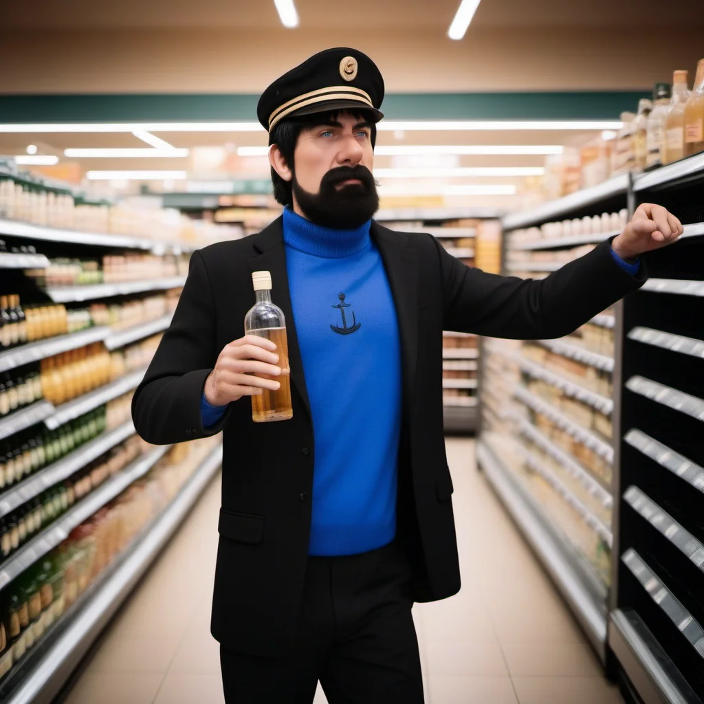 cinematic photo full body portrait robotic  man ,  black  hair, blue shirt, blush, black pants, facial hair, hat, buying alcohol in a grocery store <lora:Haddock1024:0.8>  . 35mm photograph, film, bokeh, professional, 4k, highly detailed
