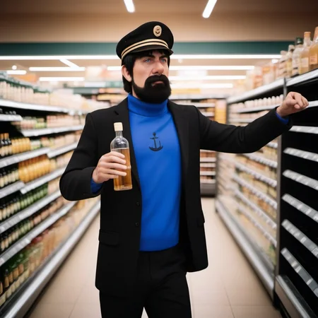 cinematic photo full body portrait robotic man , black hair, blue shirt, blush, black pants, facial hair, hat, buying alcohol in a grocery store <lora:Haddock1024:0.8> . 35mm photograph, film, bokeh, professional, 4k, highly detailed