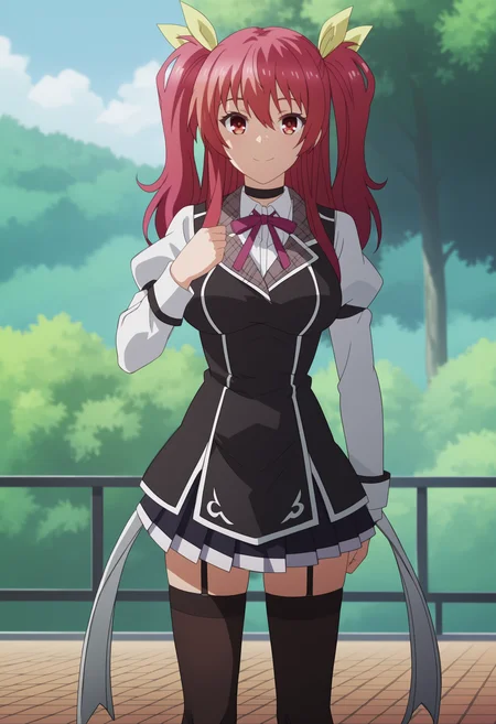 score_9, score_8_up, score_7_up, source_anime,anime screencap, anime coloring,intricate details, masterpiece, best quality, outside of a school, safe for work,
(best quality, absurd res, ultra detailed),1girl, solo, good eyes,perfect eyes,,detailed eyes, zPDXLxxx , zPDXL3,detailed, detailed face, <lora:add-detail-xl:3>,
<lora:Stella_Vermillion:.8>long hair, Red hair, red eyes, two side up, hair ribbon, twintails, choker, large breasts, confident smile, smiling at the viewer, full body shot, School uniform, long sleeves, black thighhighs, zettai ryouki, garter straps,skirt, cute pose, legs, shoes