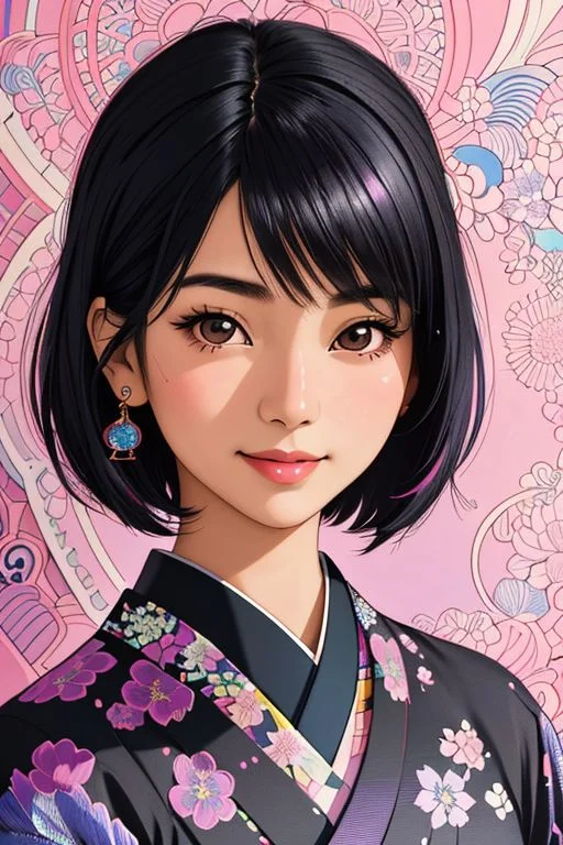 closeup, 1woman solo, a flat lineart illustration,super detailed,Super realistic,Portrait, solo, a young beautiful Japanese woman leaning against the colorful wall printed batanial glowing patterns at traditional drawing room,kind smile,bangs,black pixie hair style, various detailed jewelry, detailed realistic clothes,only in four colors,a ncg,face