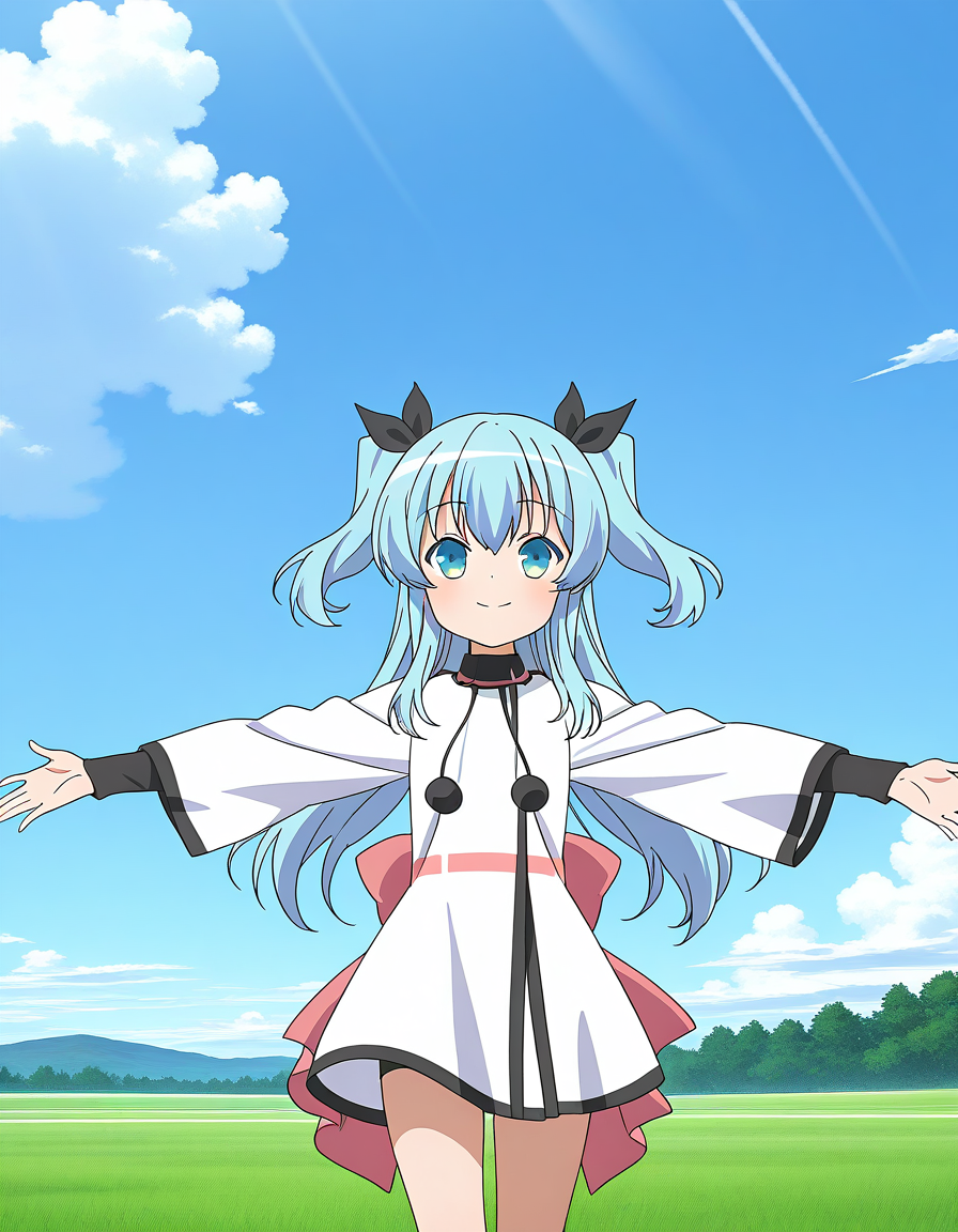 general,highres, ultra-detailed,very aesthetic,best quality ,best hands,  BREAK,  <lora:Noel_IS:1>  Noel, 1girl,solo, long hair, blue hair, two side up, blue eyes, hair ribbon, black ribbon,bangs, 2020s (style), anime coloring,
outstretched arms,  spread arms, smile, dress, cloud, sky, white dress, day, long sleeves, bow, blue sky, pom pom (clothes), closed mouth, anime coloring, outdoors, parody,
sky, grass,