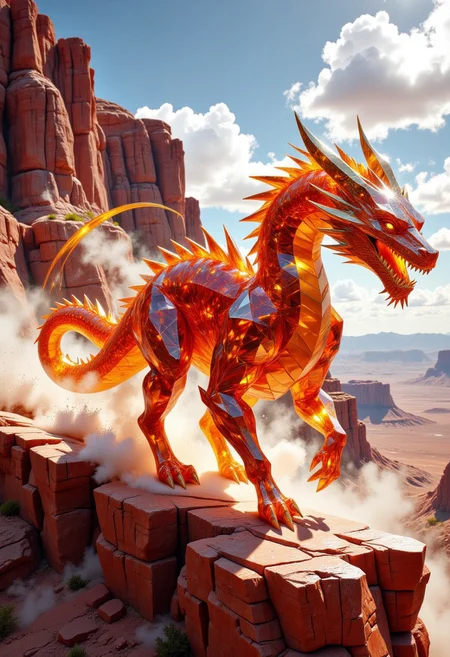 FluxEpicDragon, a crystalline dragon made of cut orange topaz and gold diamond gemstones with subsurface scattering and light transmission, galloping, running down a red desert cliffside, monstrous and colossal, bright sunny day, kicking up a dust storm, motion blur