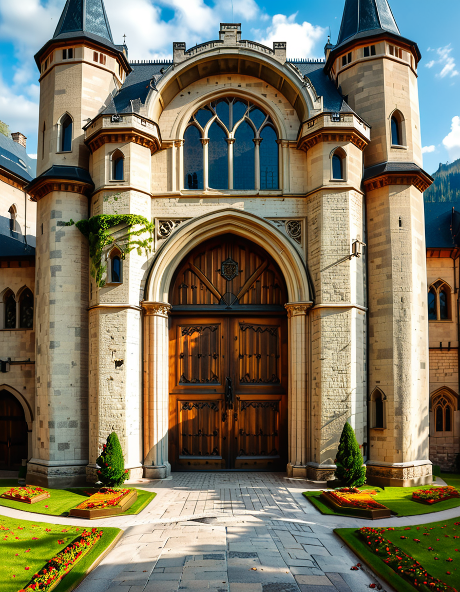 A highly detailed and realistic photograph of the massive entrance door of a medieval castle. The heavy wooden door is reinforced with large iron studs and intricate metalwork, set within a grand stone archway. The aged stone walls surrounding the entrance are weathered, covered in patches of moss and ivy, giving a sense of ancient history.
The cobblestone pathway leading to the door is slightly worn, with scattered fallen leaves and small tufts of grass growing between the stones. Above the entrance, a small, narrow window or arrow slit adds to the castleâs defensive design. The scene is illuminated by soft, natural light, casting shadows that highlight the textures of the stone and wood. The atmosphere is mysterious and majestic, evoking a sense of medieval grandeur.
<lora:SDXLFaeTastic2400:0.4> <lora:extremely_detailed:0.4> extremely detailed,  <lora:medieval_c4stl3_d00r:1>,medieval c4stl3 d00r, Masterpiece,best quality,hi res,8k,hi res,8k,award winning,(sharp focus, intricate, highly detailed),