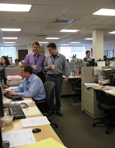 Realistic scene of a 90s mega corporation office, 90s computers, cubicles, fluorescent lighting,  carpeted flooring,  paperwork, cluttered, messy,  office workers standing drinking coffee and laughing with their co-workers, 
 <lora:amateurphoto-6version:1> Amateur photography of               , on flickr in 2007, 2005 blog, 2007 blog ,
