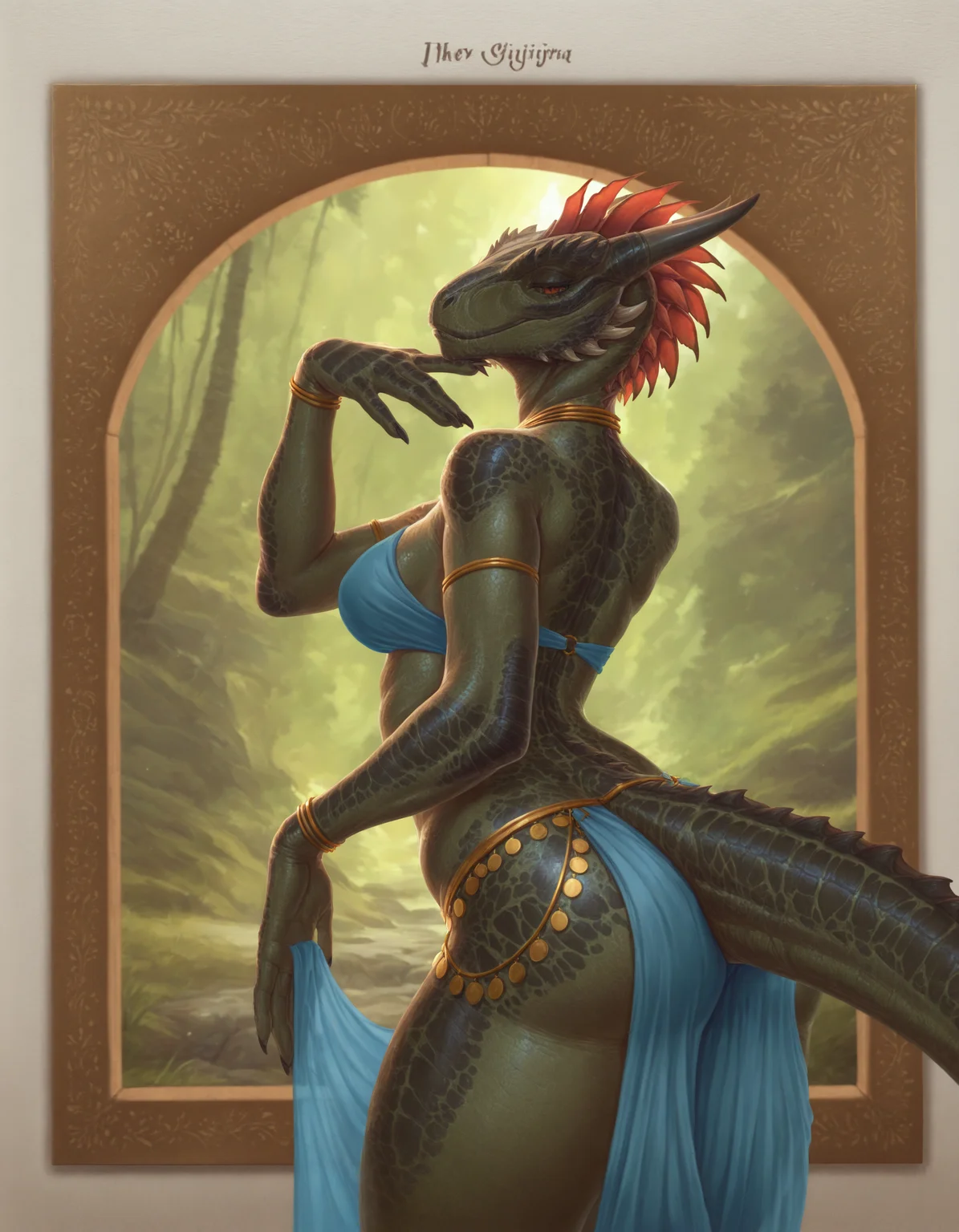 masterpiece, best quality, absurdres, newest, artist:silgiriya mantsugosi, oil painting \(medium\), female, argonian, skyrim, solo, harem outfit, smug, taunting, looking at viewer, looking back, half-closed eyes, head back, ojou-sama pose,
poster \(medium\), text, <lora:silgiriya mantsugosi Style Ill:1>