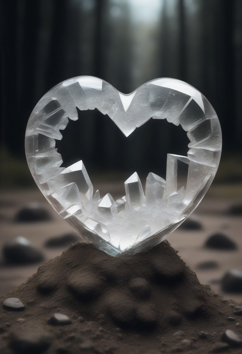 a heart made of broken polished crystal lying on the ground in the mud is a detailed realistic image