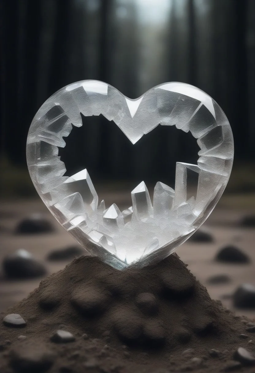 a heart made of broken polished crystal lying on the ground in the mud is a detailed realistic image