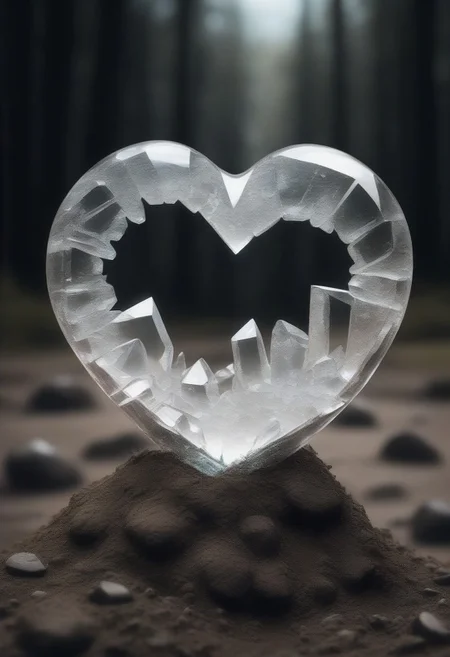 a heart made of broken polished crystal lying on the ground in the mud is a detailed realistic image