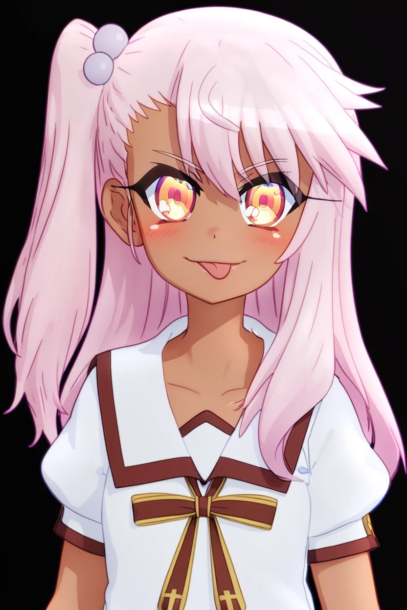 score_9, score_8_up, score_8, medium breasts, (curvy), cute, eyelashes, BREAK, <lora:PrismaIllya_PDXL_v3:0.7>, 1girl, solo, long hair, looking at viewer, blush, smile, bangs, simple background, shirt, hair ornament, ribbon, hair between eyes, school uniform, yellow eyes, white shirt, upper body, pink hair, short sleeves, puffy sleeves, dark skin, tongue out, sailor collar, dark-skinned female, puffy short sleeves, orange eyes, one side up, hair bobbles, black background, white sailor collar, homurahara academy school uniform, chloe von einzbern, <lora:MantisStyle_PDXL_v2:0.8>, BREAK, smile, looking at viewer, cowboy shot, embedding:zPDXL, Expressiveh, <lora:SDXLFaeTastic2400:0.5>, <lora:Expressive_H-000001:0.4>,