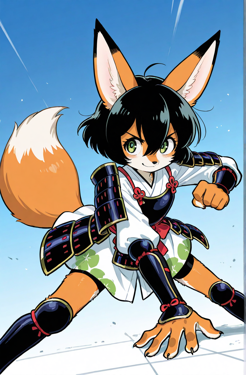 (anthro fox girl:1.5),black hair,green eyes,dynamic pose, perspective
hair between eyes,zPDXL3,solo, japanese armor, light smile
<lora:Perfect Hands:1> <lora:age_slider_v4:-1>
<lora:Tezuka_Osamu:0.9>tezuka osamu, score_9, score_8_up, score_7_up, score_6_up, score_5_up, score_4_up,zPDXL