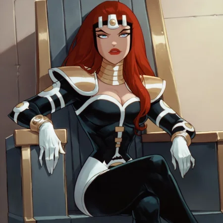 score_9, score_8_up, score_7_up, 1girl, solo, lipstick, red hair, long hair, blue eyes, bodysuit, armor, white gloves, cleavage, headpiece, Maxima (dc), sitting on throne, looking at viewer, legs crossed