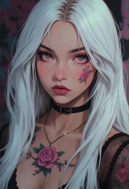 closeup of a goth woman with long flowing white hair, big magenta eyes, subtle pink eye liner, gorgeous lips, perfect makeup, chocker, fishnet shirt with flower tattoos, dead look in her eyes