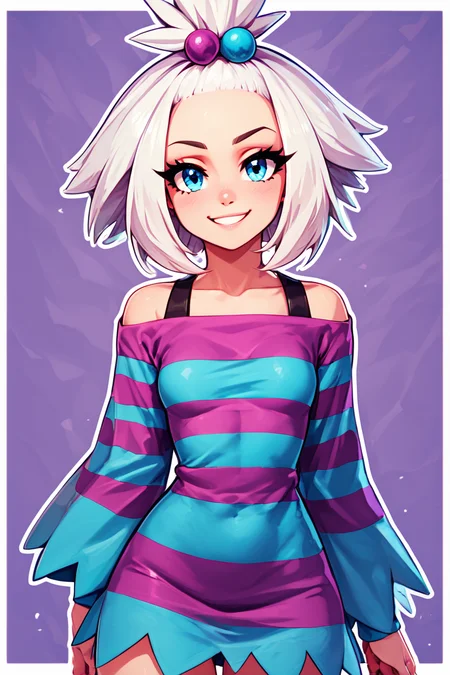 score_9, score_8_up, score_8, medium breasts, (curvy), cute, eyelashes, BREAK, , zzRoxie, blue eyes, white hair, hair bobbles, topknot, striped dress, <lora:Roxie_Pokemon_PDXL_Citron:0.8>, , BREAK, smile, looking at viewer, abstract background, white outline, cowboy shot, embedding:zPDXL, Expressiveh, <lora:CatalystStylePDXL:0.6>, <lora:SDXLFaeTastic2400:0.5>, <lora:Expressive_H-000001:0.4>,