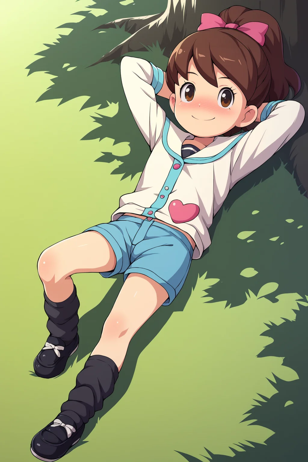 score_9, score_8_up, score_7_up, score_6_up, BREAK, KatieYWPXL, brown eyes, brown hair, short hair, bangs, high ponytail, hair ribbon, pink ribbon, flat chest, serafuku, white jacket, striped shirt, blue shorts, short shorts, black socks, loose socks, black shoes, solo, full body, (lying on grass), on back, arms behind head, seductive smile, looking at viewer, naughty face, nose blush, forest, tree <lora:KatieYWPXL:1>