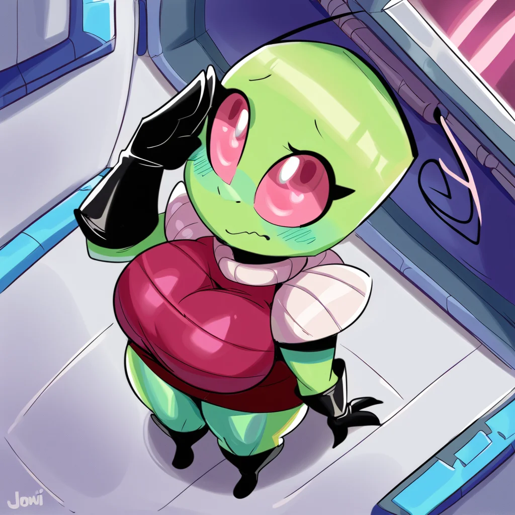 best quality, hires, highly detailed, score_7_up, score_8_up, score_9_up, high-angle view, <lora:Irken-11:0.9>, irken, alien, green body, pink eyes, 1girl, female, solo, antennae, (curled antennae), clothing, tunic, miniskirt, gloves, 3 fingers, bare legs, boots, big breasts, wide hips, thick thighs, indoors, spaceship interior, looking up, salute, nervous, <lora:PDXL_artist_tags_v2_big:1>, by jinu