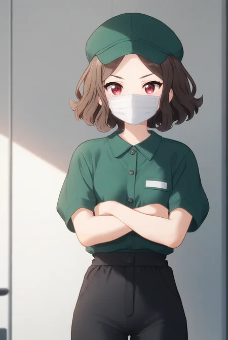 (score_9,score_8_up,score_7_up, ),<lora:GBC_TOMO_v2_pony-000030:1>,
GBC_TOMO,1girl,solo,hat,green headwear,short hair,white mouth mask,brown hair,facemask,shirt,employee uniform,green shirt,short sleeves,red eyes,wavy hair,green beanie,simple_background,black pants,standing,cowboy_shot,arms_crossed