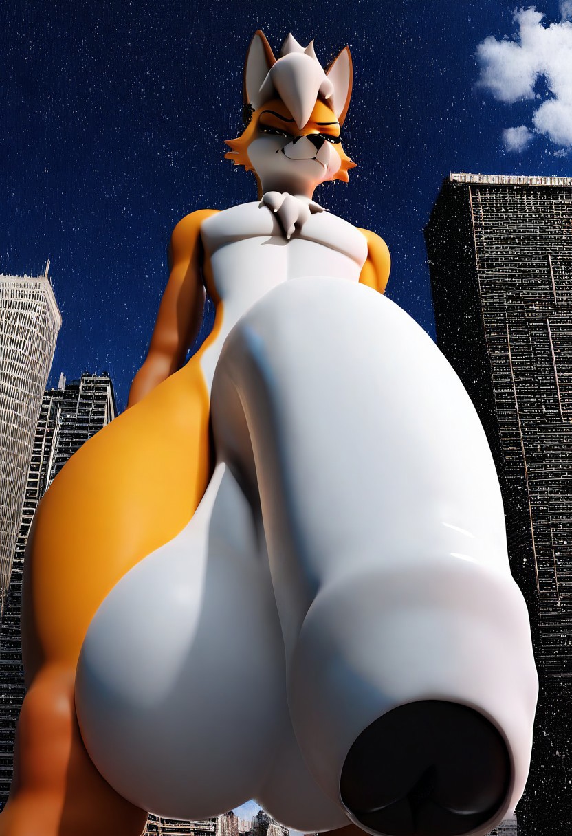 (3d, High Detail, High Resolution, Masterpiece),
(Logan Grey, Giant, Fox, Furry, Femboy),
(Fox Ears, Fox Tail, Huge Penis, Foreskin, Chest Tuft),
(Looming Over Viewer, Shot From Below, Very Low Angle, Smirking, Smug),
(Snowing, City Background, Clouds, Night)