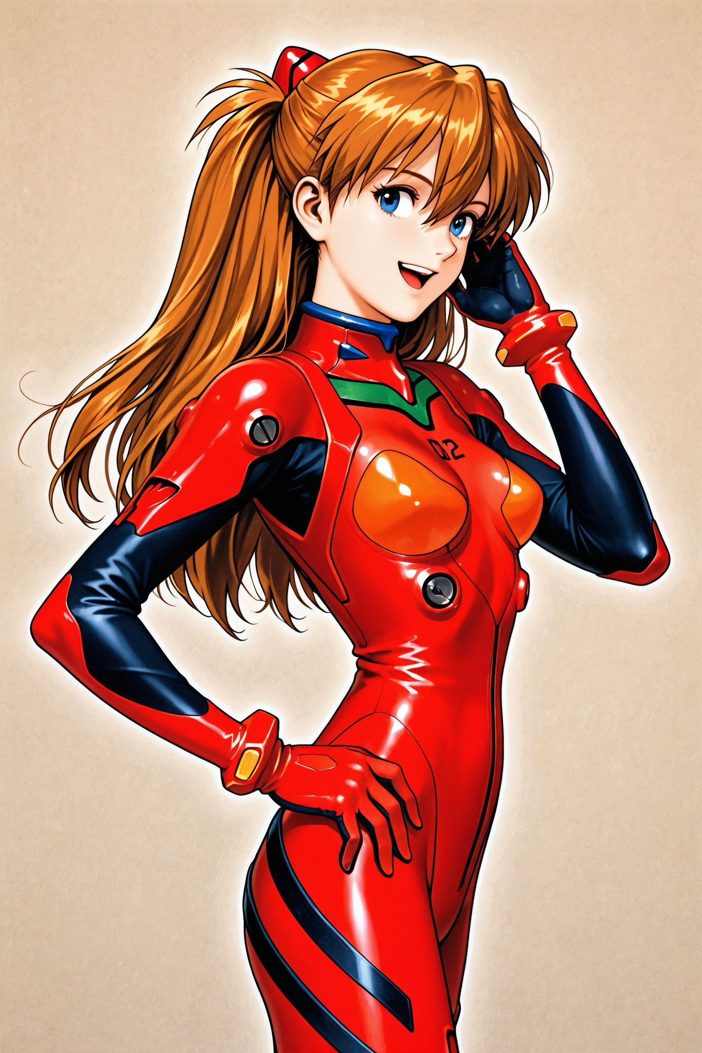 1girl,long hair,plugsuit,bodysuit,souryuu asuka langley,pilot suit,bracer,blue eyes,smile,breasts,bangs,turtleneck,solo,cowboy shot,:d,hair between eyes,gloves,red bodysuit,small breasts,looking at viewer,headgear,two side up,hand on hip,skinny,adjusting hair,narrow waist,standing,brown hair,hand up,hair ornament,happy,from side,retro artstyle,traditional media,
<lora:shinkiro_illustriousXL:1>,