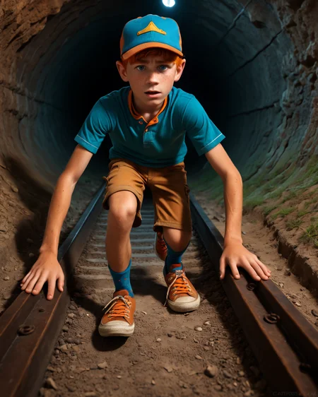 score_9, score_8_up, score_7_up, intricate details, rating_questionable,
<lora:gooeycandy1:1>,
<lora:Andy:1>,
{
1boy(andy_heart _of_darkness, freckles, green eyes, blue baseball cap, orange hair, short sleeves, blue shirt,brown running, shorts, socks, sneakers, cowboy shot, looking at the viewer, solo), underground, dark tunnel, low light, detailed background, depth of field, subsurface scattering,
<lora:xl_more_art-full_v1:0.3>,
<lora:add-detail-xl:0.3>
